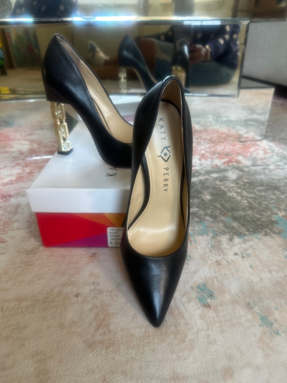 Katy Perry Collections Black Pointed Toe Pumps with Decorative Gold Block Heel